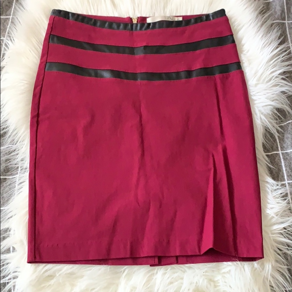 Maroon pencil skirt with faux leather detail